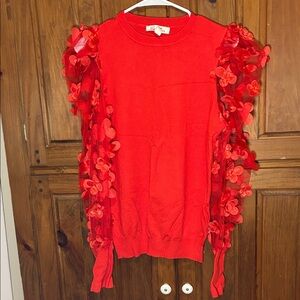 Vine & Love Women’s Red Sweater with Sheer Floral Accent Sleeves Size Medium